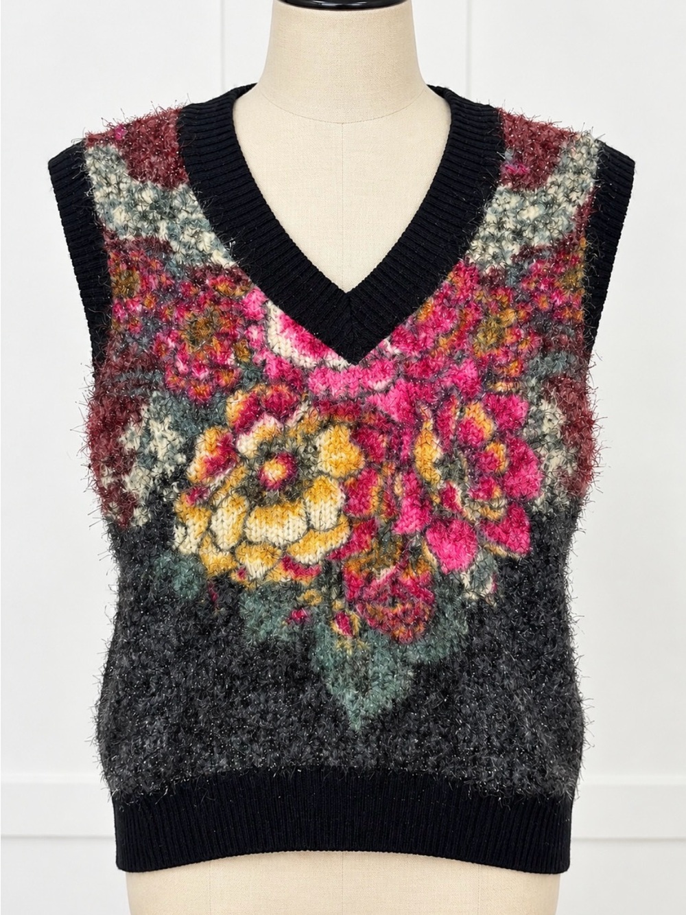 KENZO Floral Mohair Wool Blend Fuzzy Sweater Vest Size M Black Pink